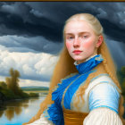 Portrait of young woman in blue and gold period dress by dramatic river landscape