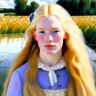 Blond-Haired Girl in Rural Landscape with Golden Fields