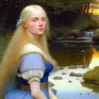 Blonde woman in blue dress by river at sunset