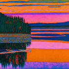 Colorful Sunset Landscape with Mirrored Lake and Silhouetted Trees