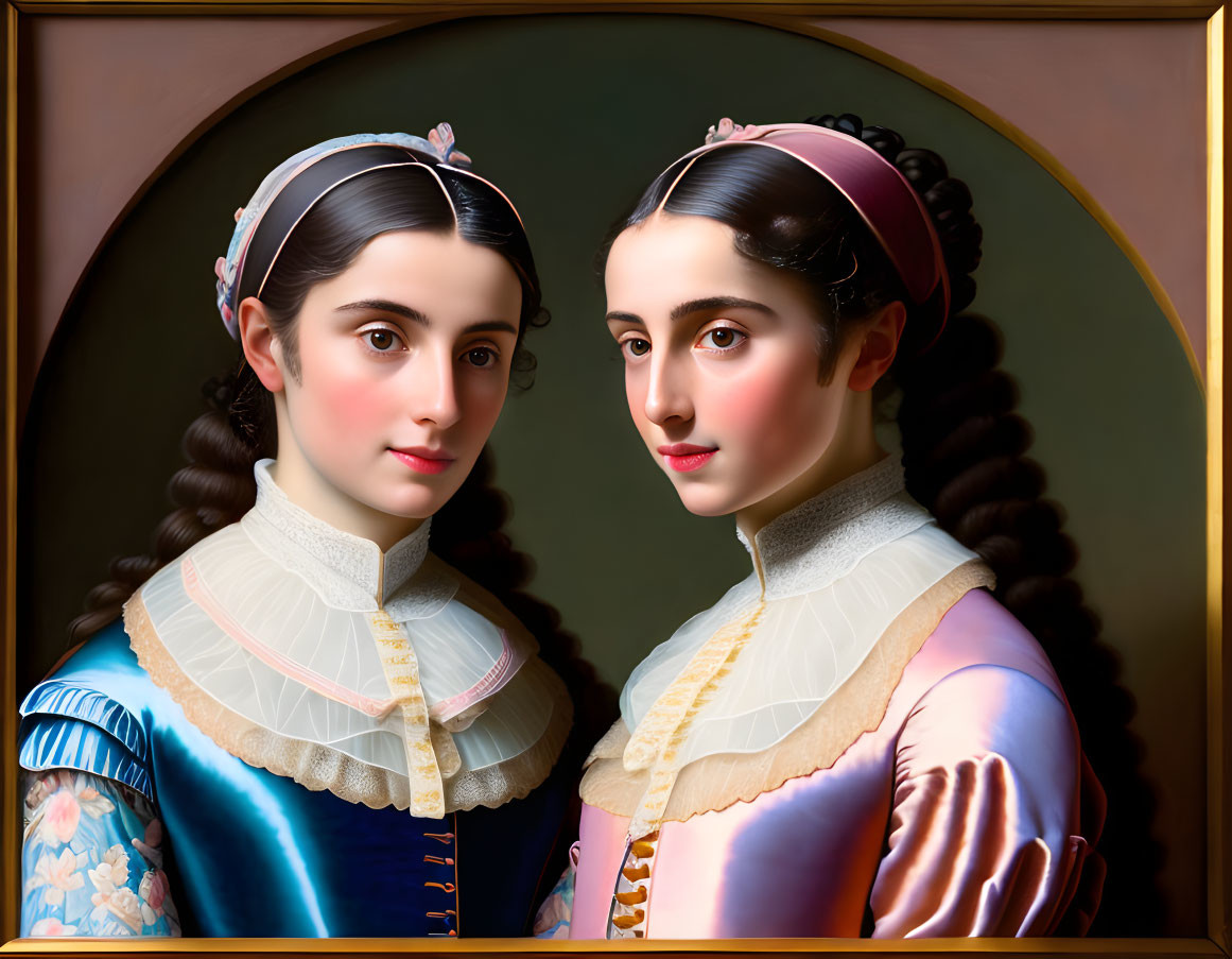 Portrait of Two Young Women in Period Clothing and Headbands