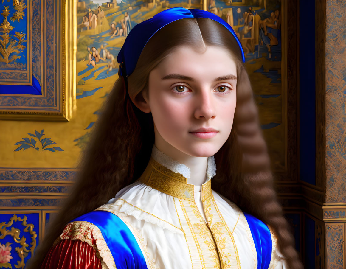 Young woman with long brown hair in blue headband and white dress against historical tapestry.