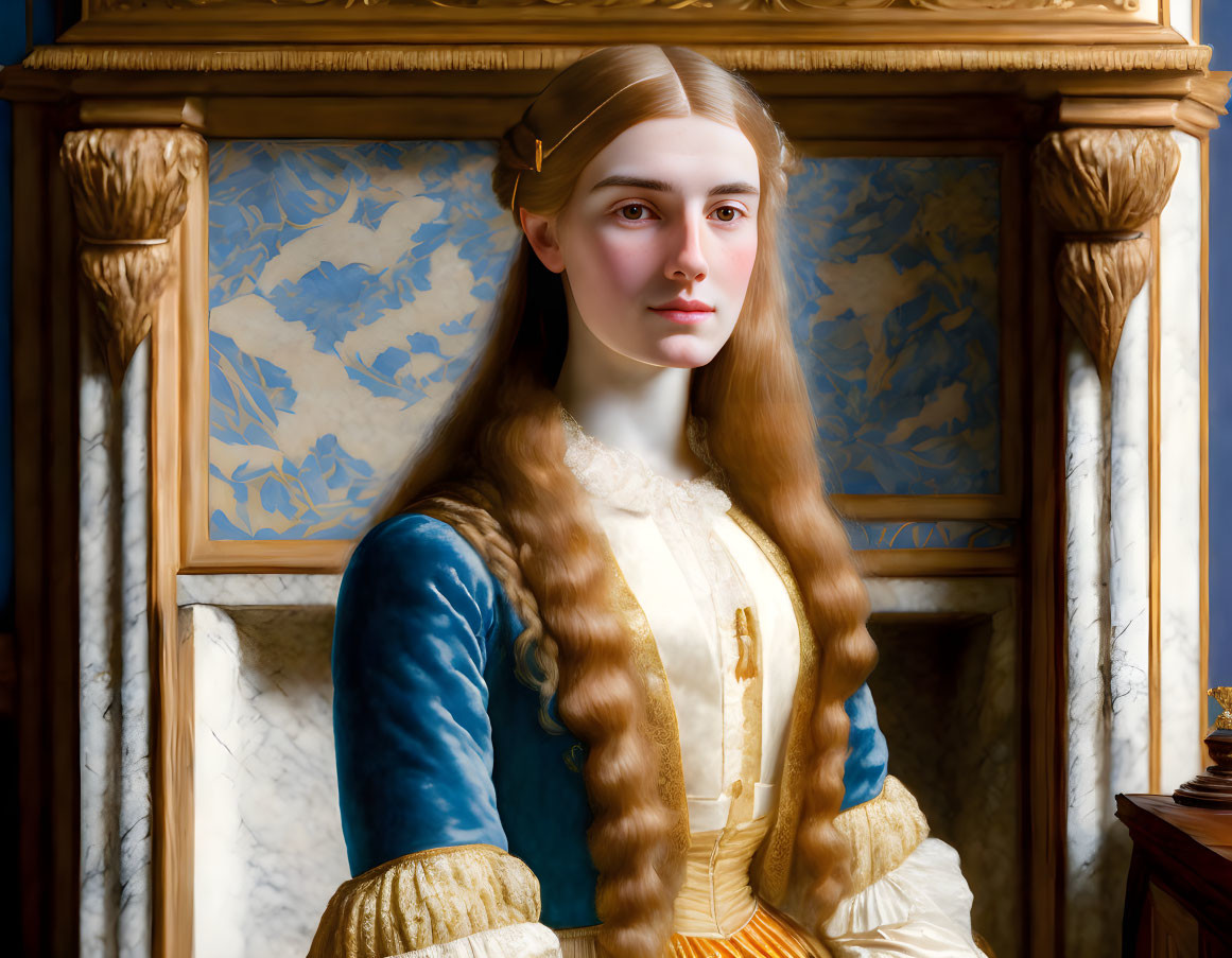 Portrait of young woman with long braided hair in blue and yellow dress by mantelpiece