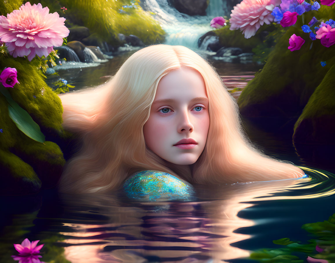 Blonde woman in serene fantasy portrait with blue eyes in tranquil pond