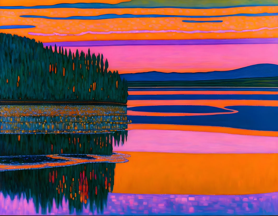 Colorful Sunset Landscape with Mirrored Lake and Silhouetted Trees