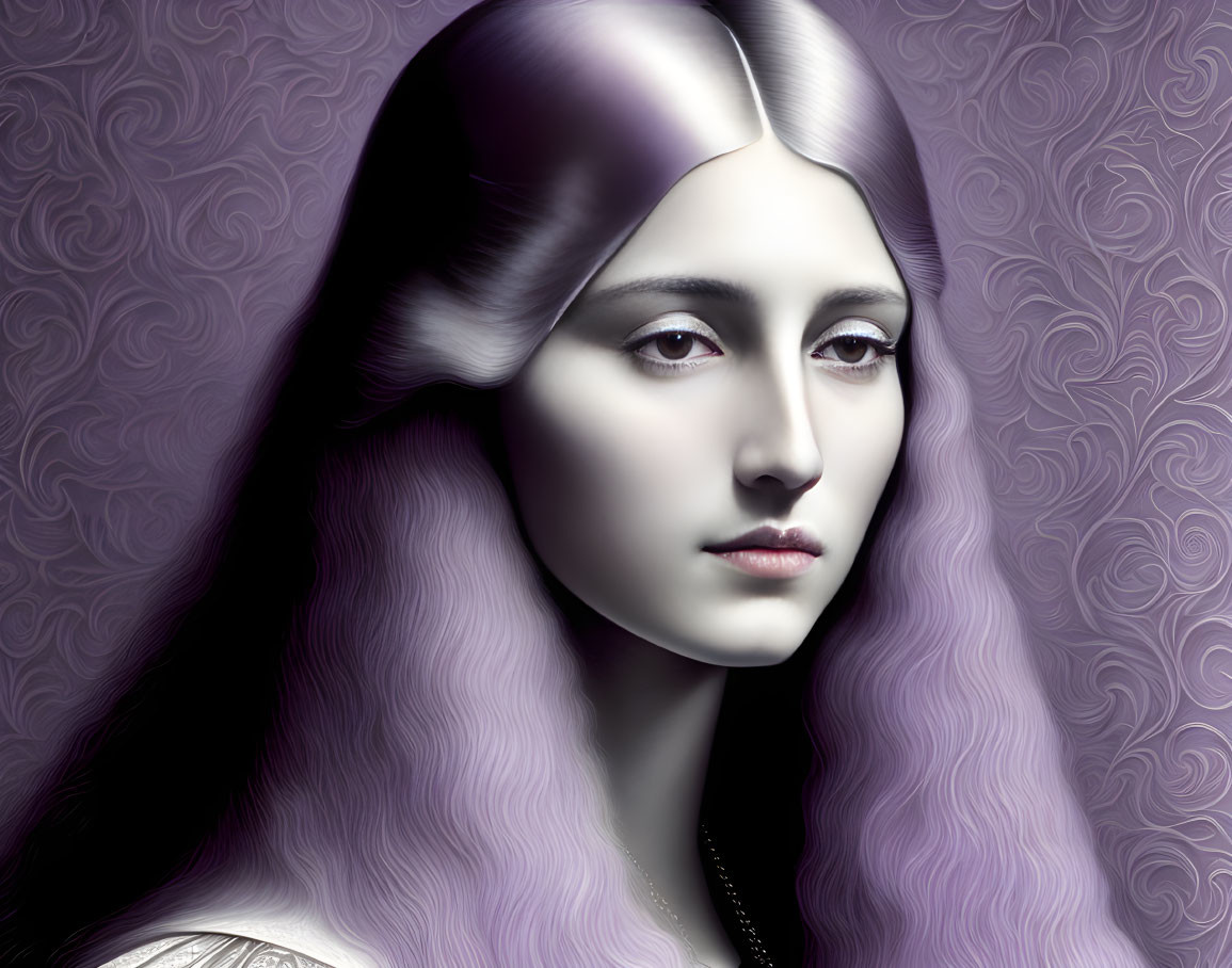 Digital artwork of woman with pale skin, long purple hair, and headband on purple background.