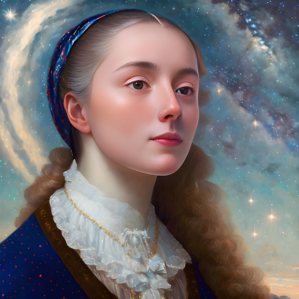 Young woman in blue historical dress against starry backdrop