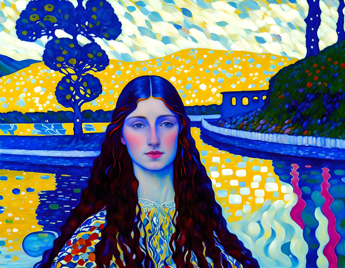 Red-haired woman on Van Gogh-inspired landscape with blue eyes