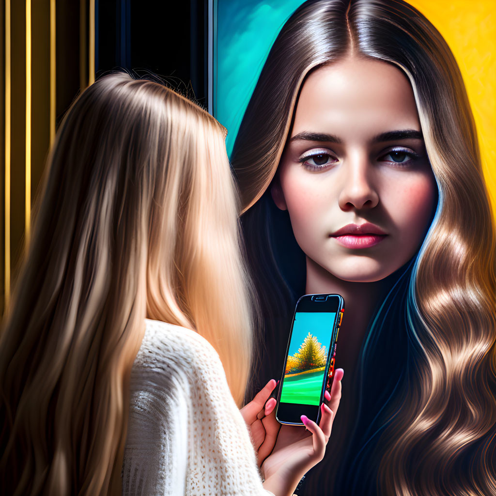 Woman reflecting on smartphone image in mirror showcases technology vs. self-perception contrast.