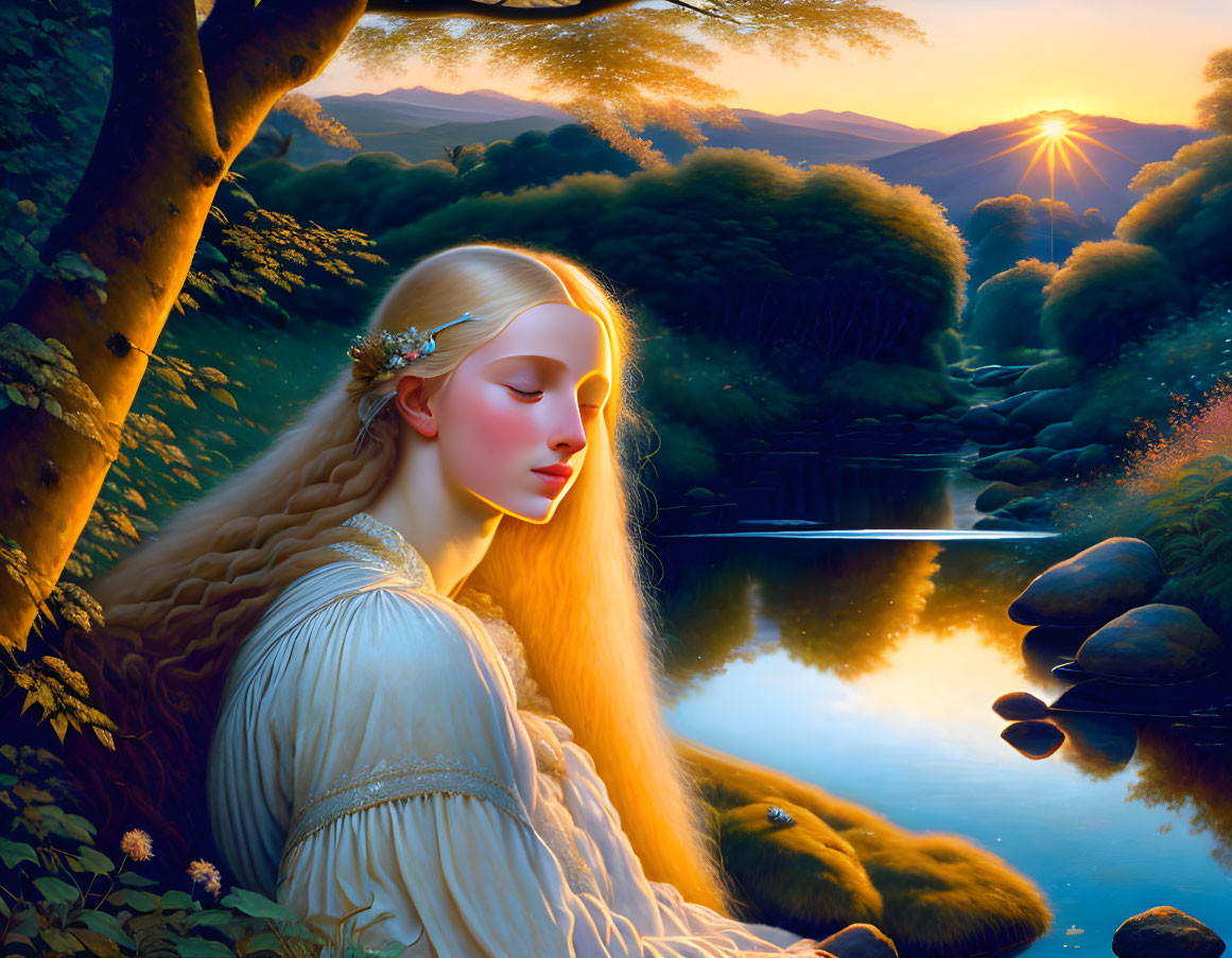 Woman with flowing hair by forest stream at sunset