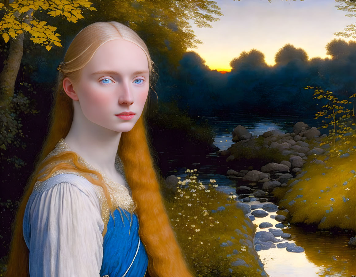 Woman with Long Red Hair and Blue Eyes in Sunset Landscape