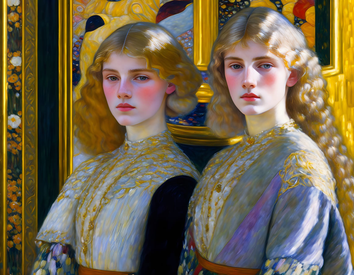 Two Women with Golden Hair and Fair Complexions in Ornate Background