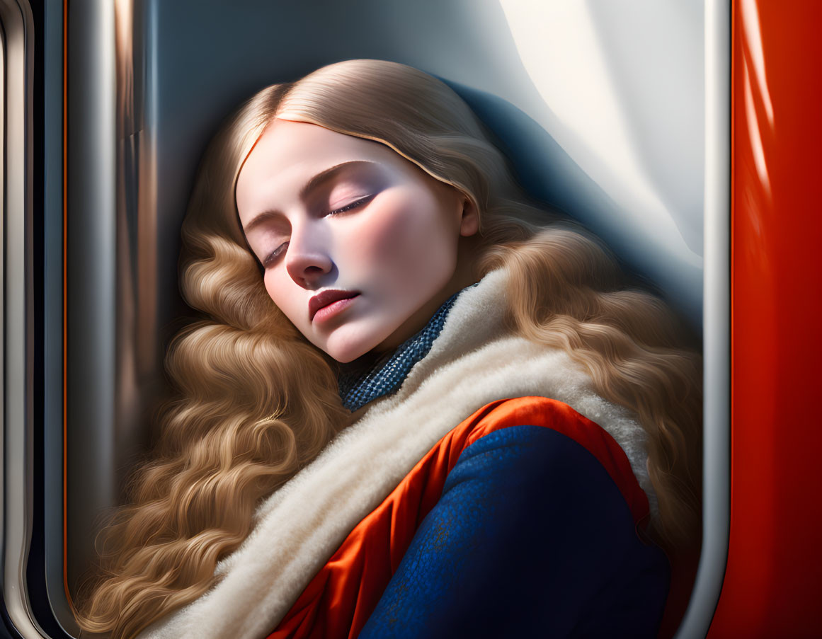 Blond woman in blue and red outfit leaning against window with eyes closed