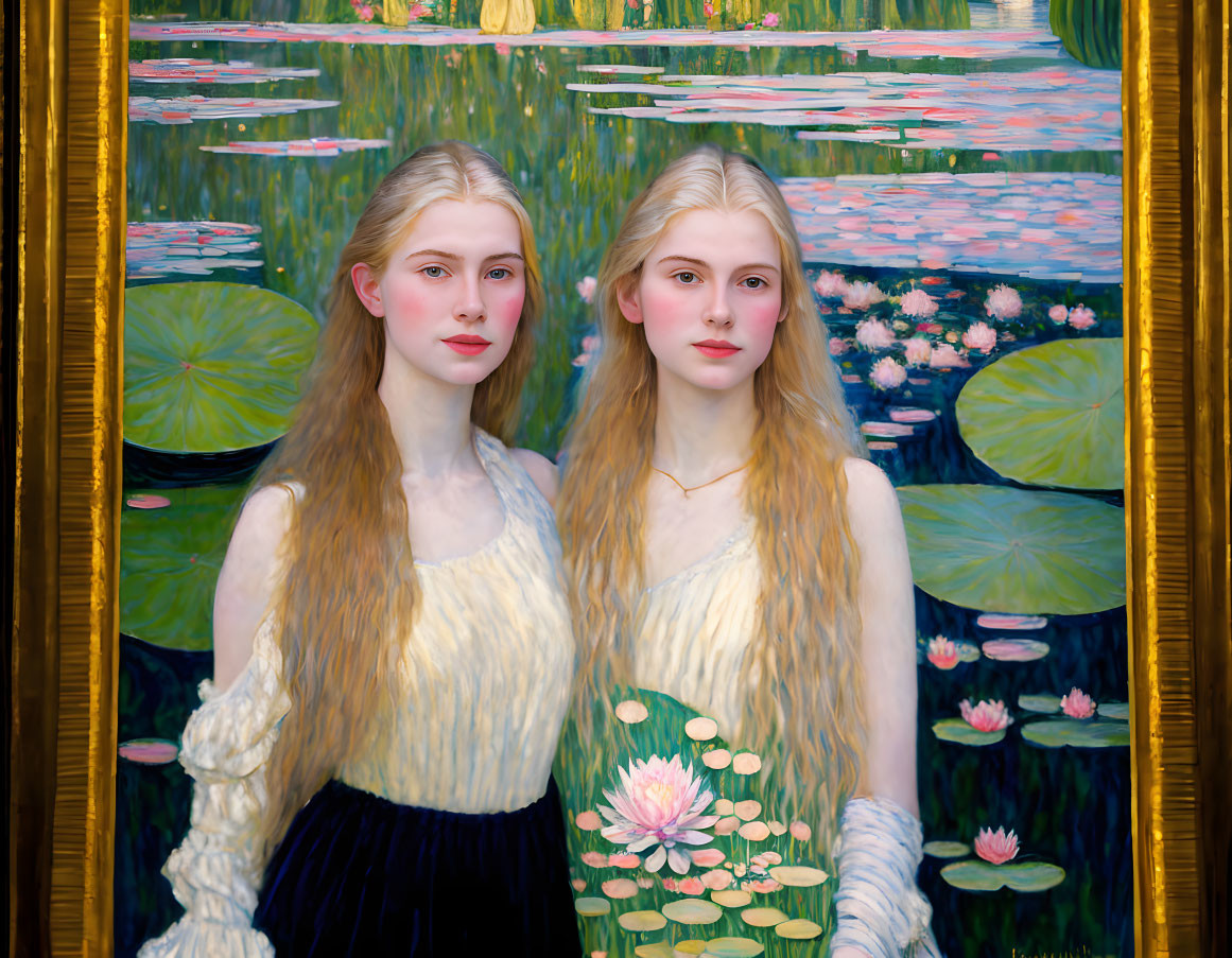 Two women with long hair in floral water garden painting.