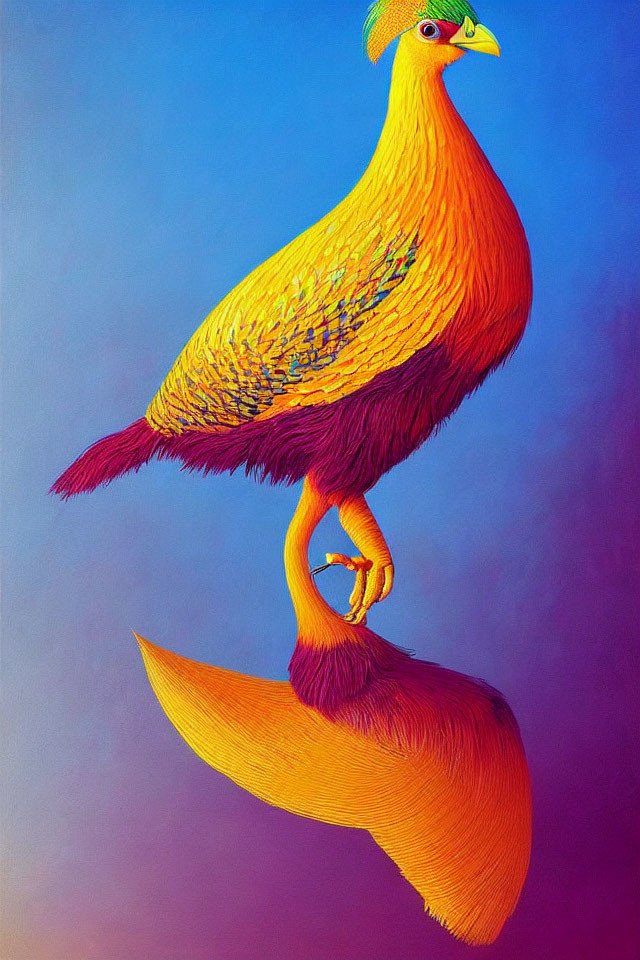 Colorful Bird Illustration with Exaggerated Feathers and Reflection