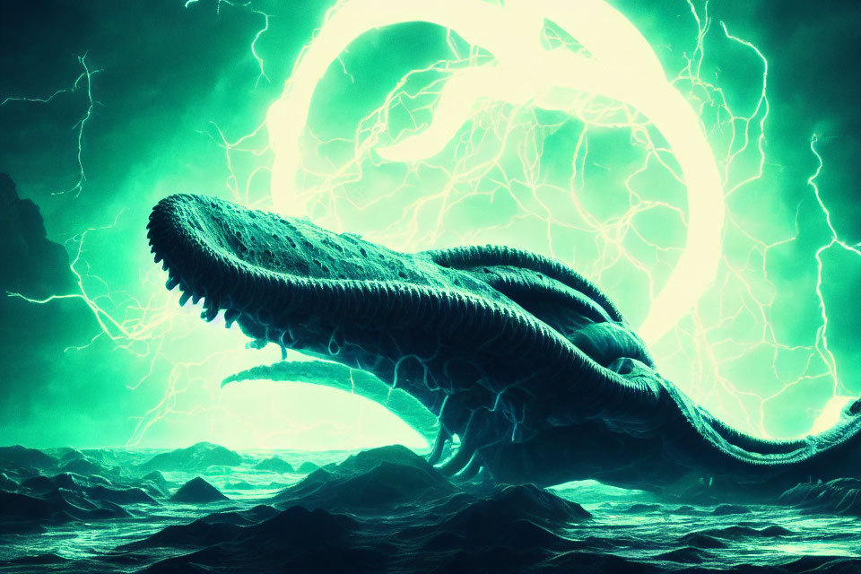 Gigantic serpent-like creature under stormy green sky with lightning and ominous circular symbol