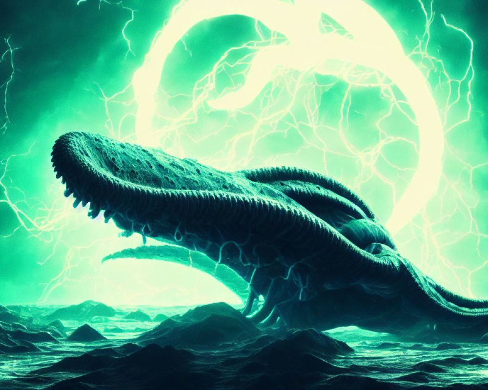 Gigantic serpent-like creature under stormy green sky with lightning and ominous circular symbol