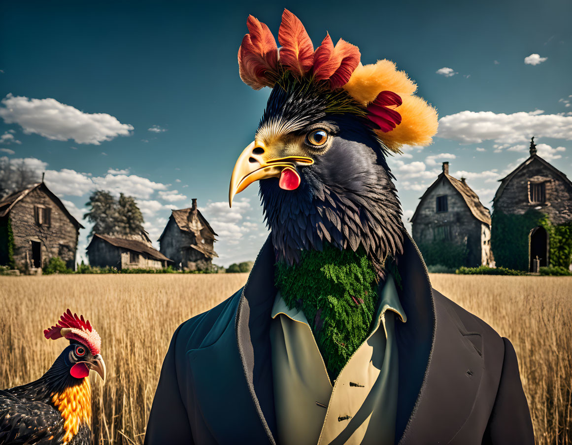 Surreal human body in suit with rooster head in golden wheat field