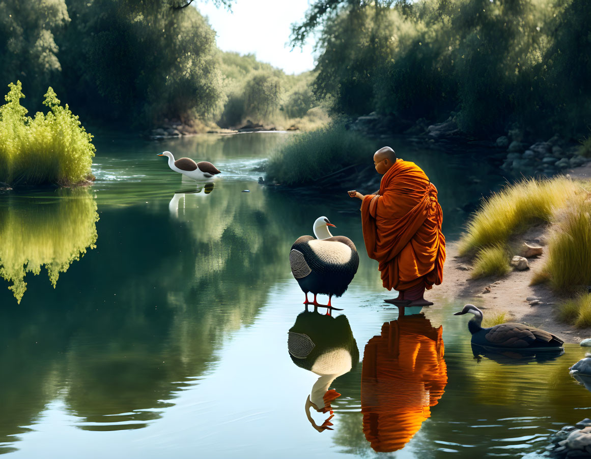 Monk in orange robes gesturing near geese by a calm river