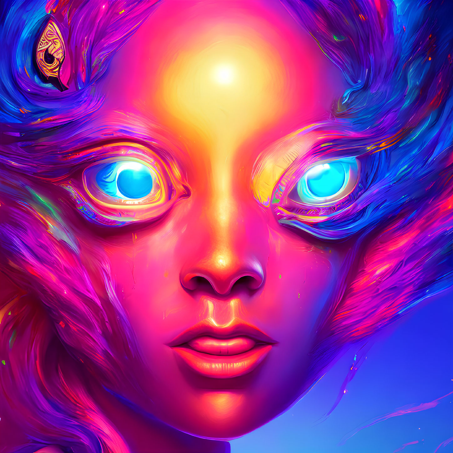 Surreal digital art portrait with neon pink and blue hues of a female face.