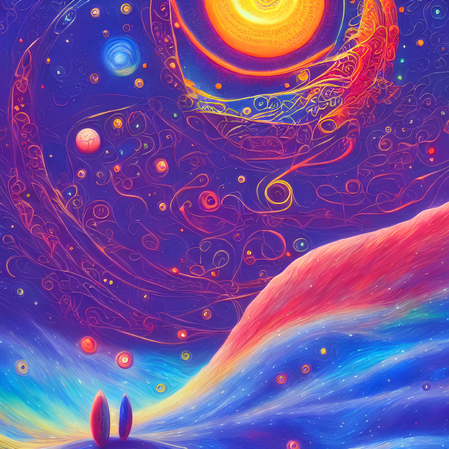 Colorful Psychedelic Space Artwork with Galaxies and Sun