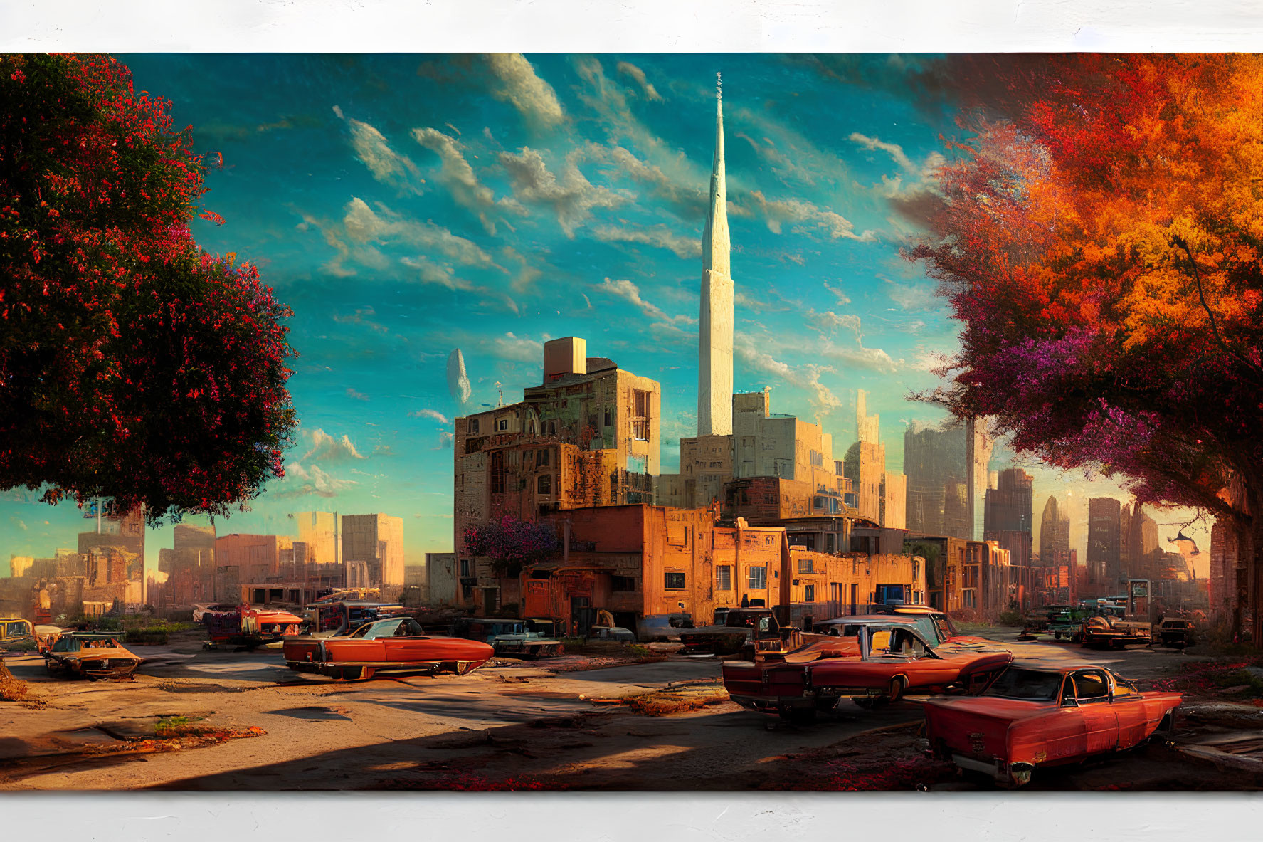 Colorful urban scene with retro cars, old buildings, and futuristic tower at golden hour