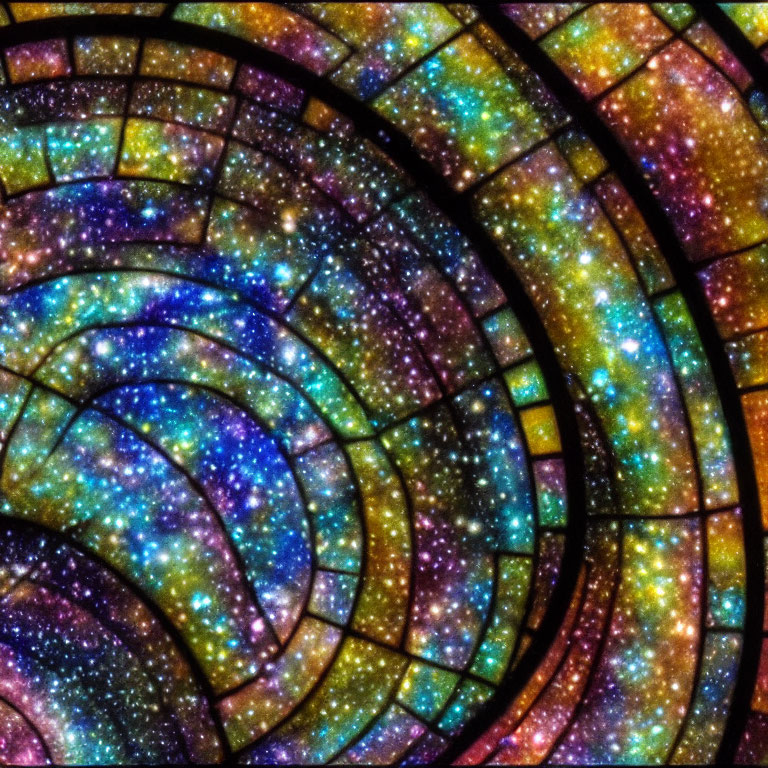 Multicolored stars in swirling cosmic pattern on dark segmented background