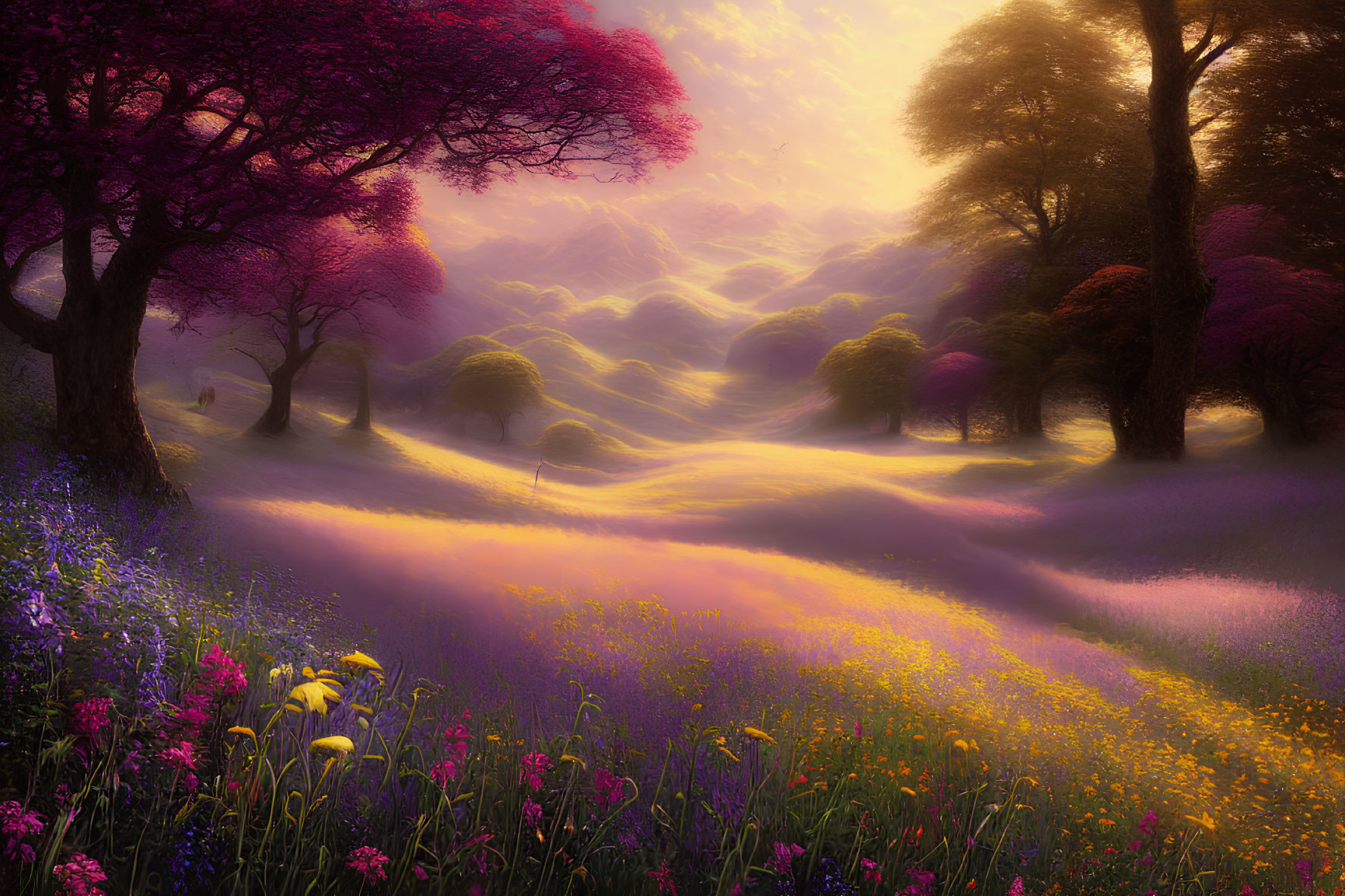 Colorful landscape with wildflowers, rolling hills, and pink foliage trees