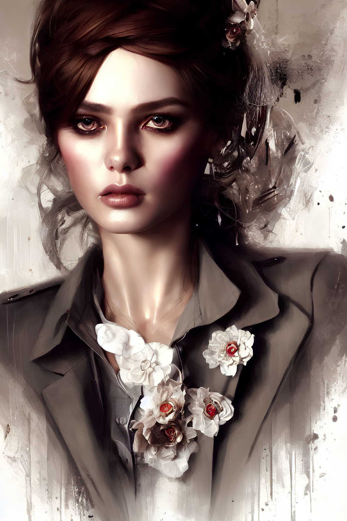 Detailed artistic illustration of woman with intense gaze and floral elements