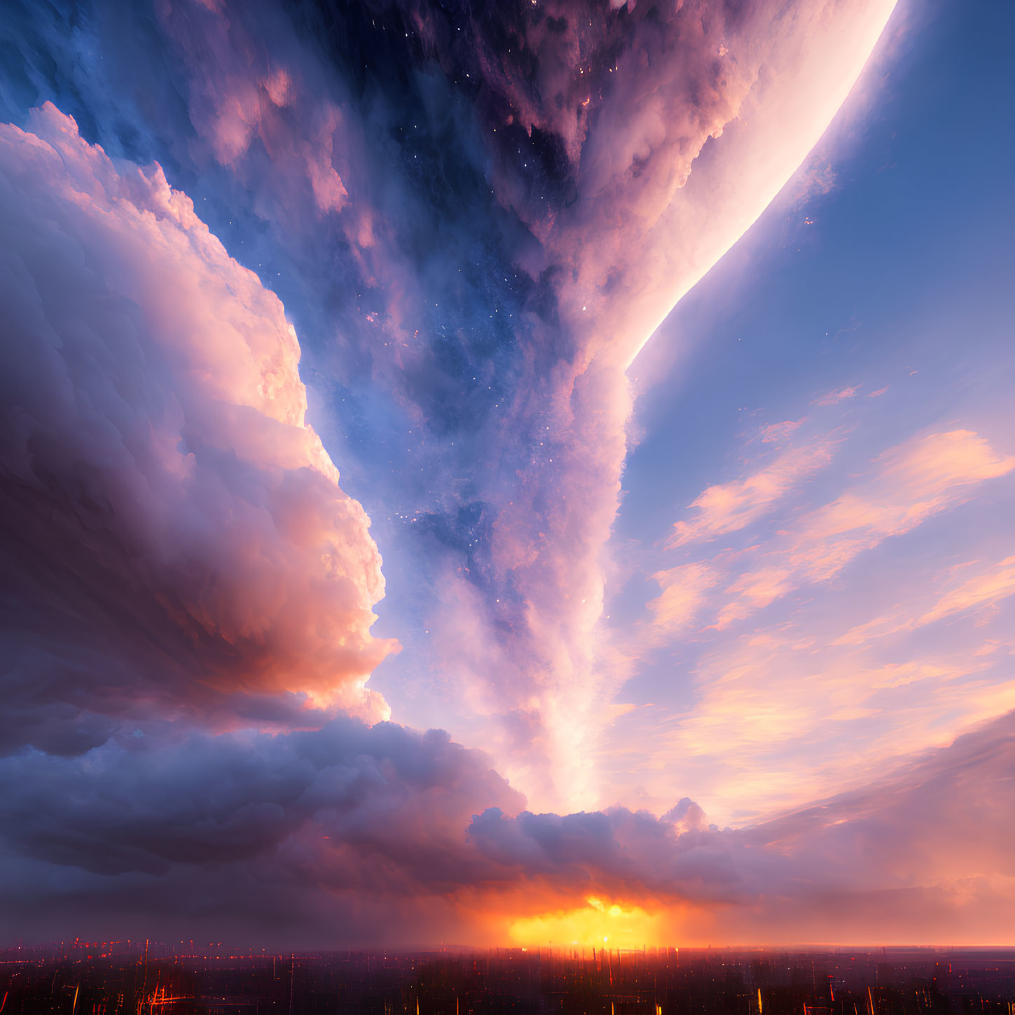 Massive planet over urban skyline at sunset with dramatic sky