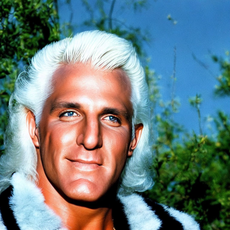 Platinum Blond Person in Fur-Collared Costume in Nature