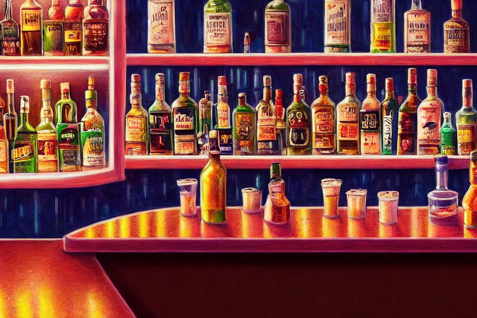 Vibrant bar shelf with assorted liquor bottles and glasses