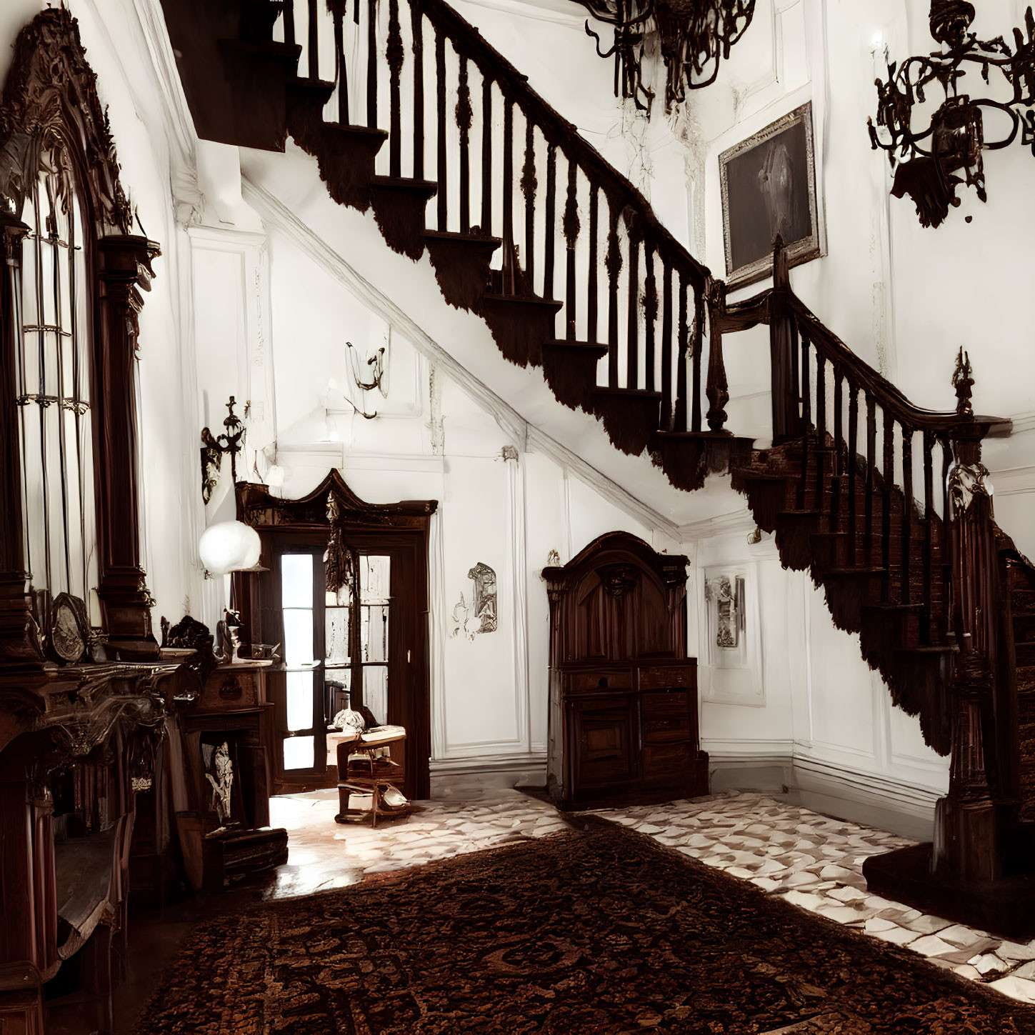 Vintage Interior with Grand Wooden Staircase & Antique Furniture