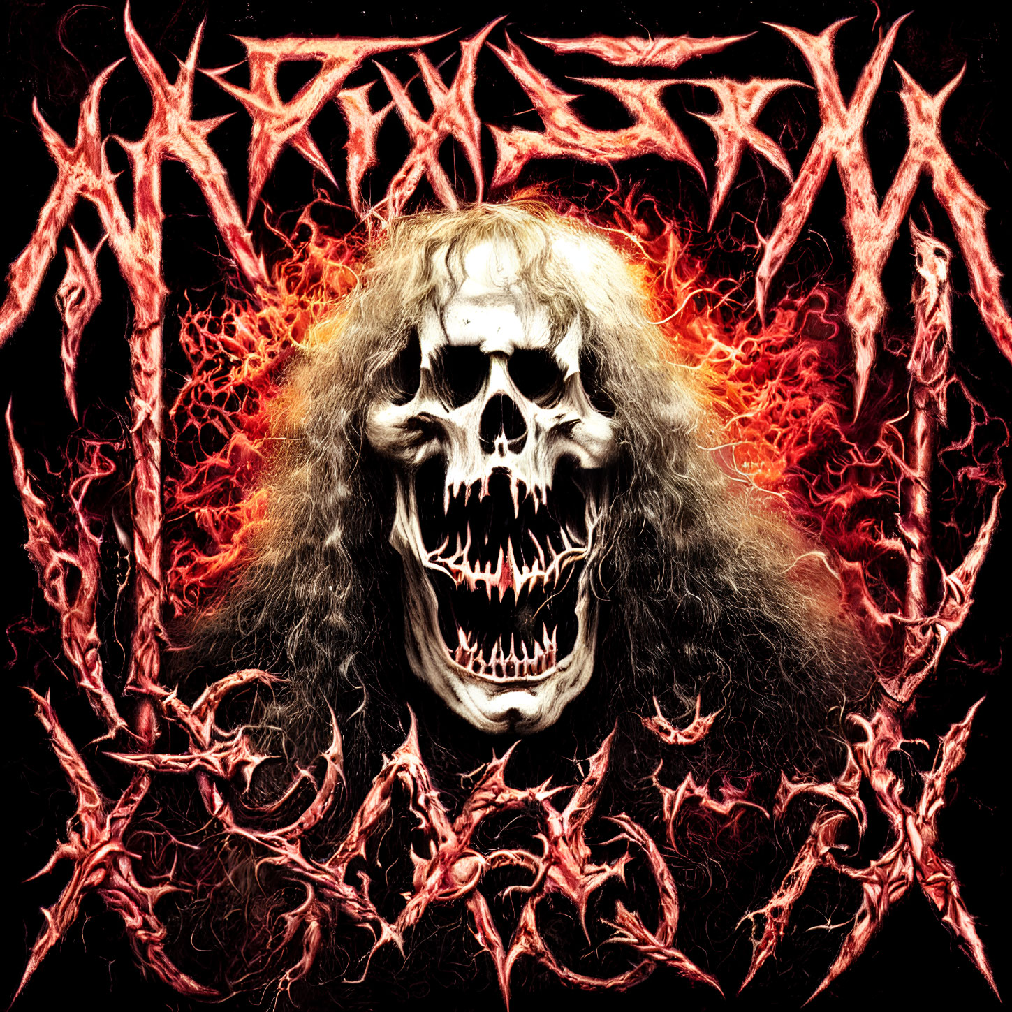 Intense skull with flaming background and metallic thorny text in heavy metal style