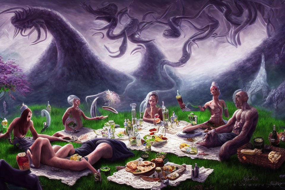 Six nude figures having a picnic in a meadow with a giant ethereal dragon in the sky