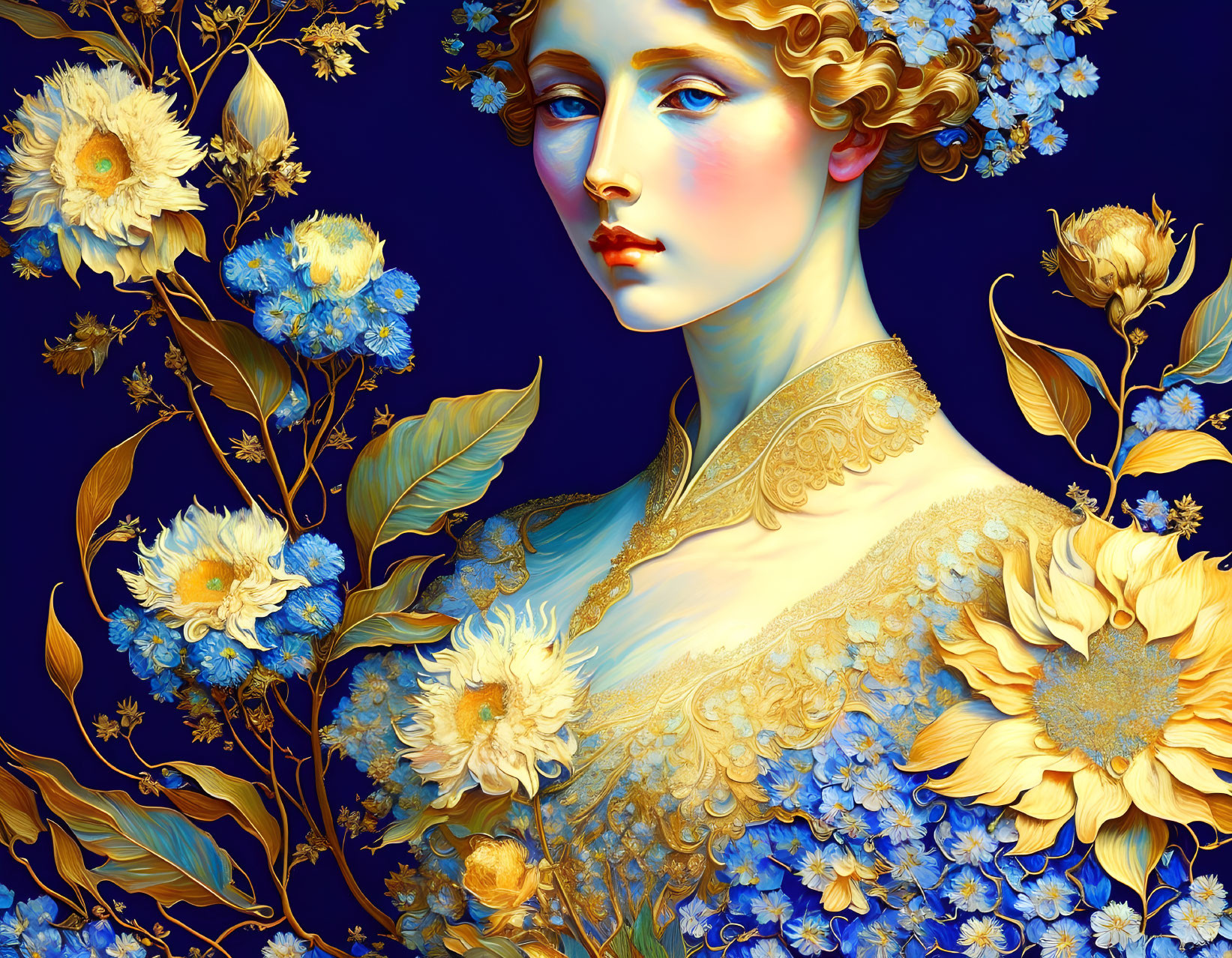 Woman with Golden Details Among Blue and Gold Flowers on Dark Background