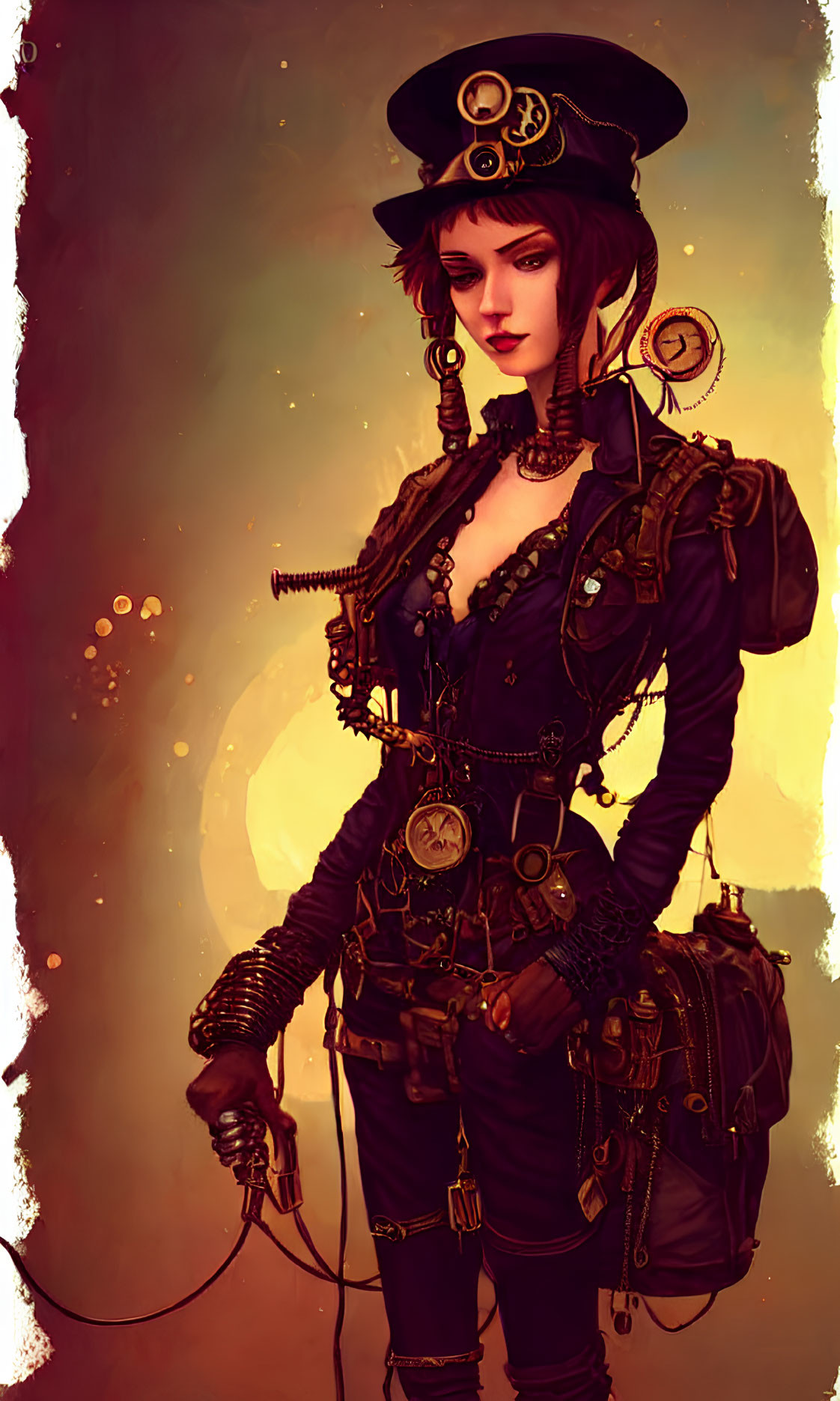 Steampunk illustration featuring person with mechanical arm and gear attire