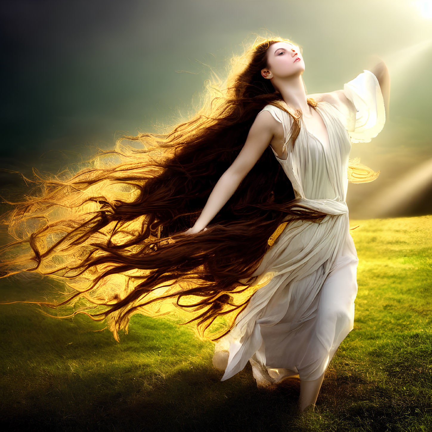 Woman in flowing white dress with wind-swept hair in dramatic sunlit landscape