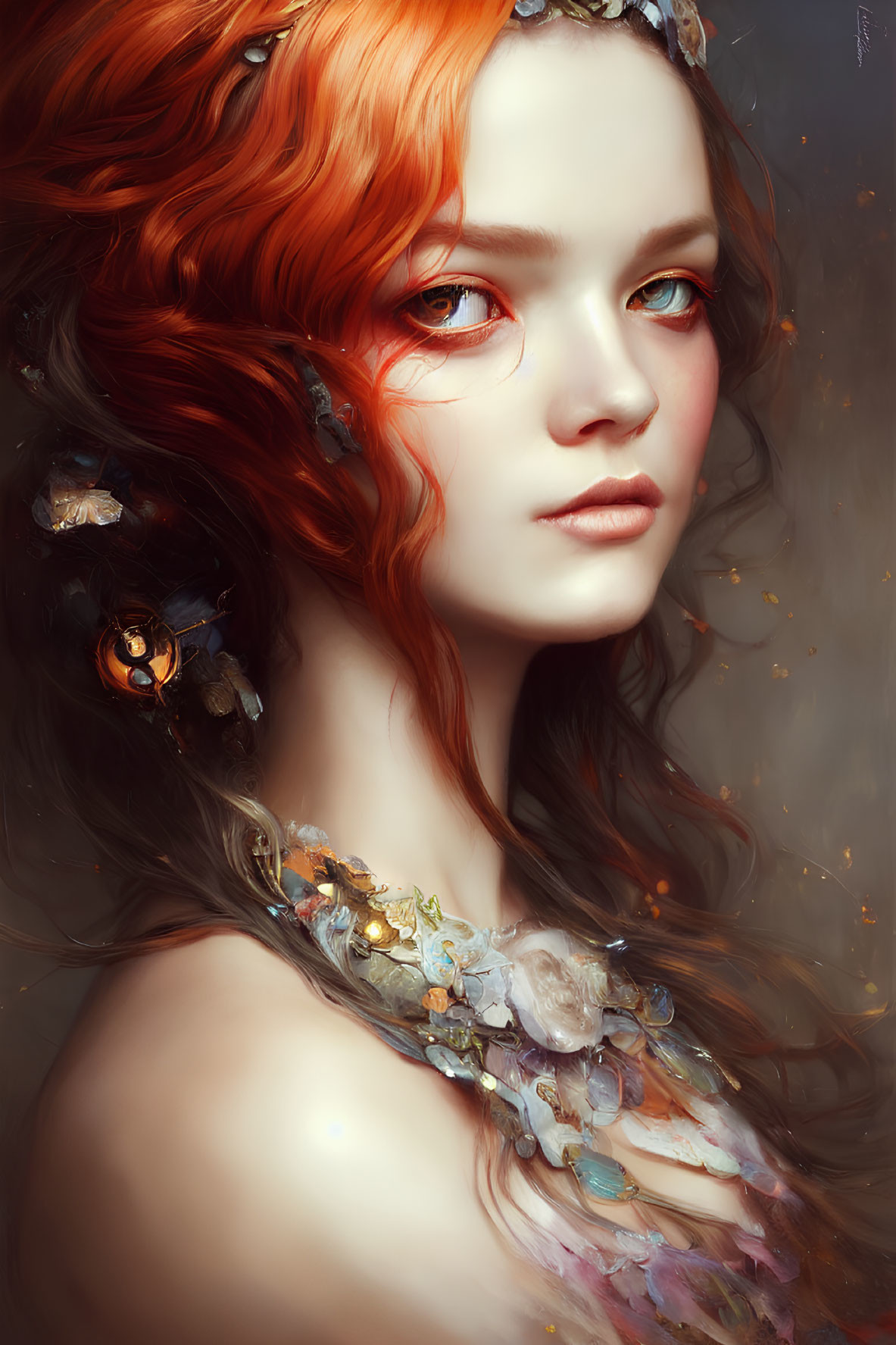 Portrait of Woman with Red Hair, Blue Eyes, and Gemstone Necklace