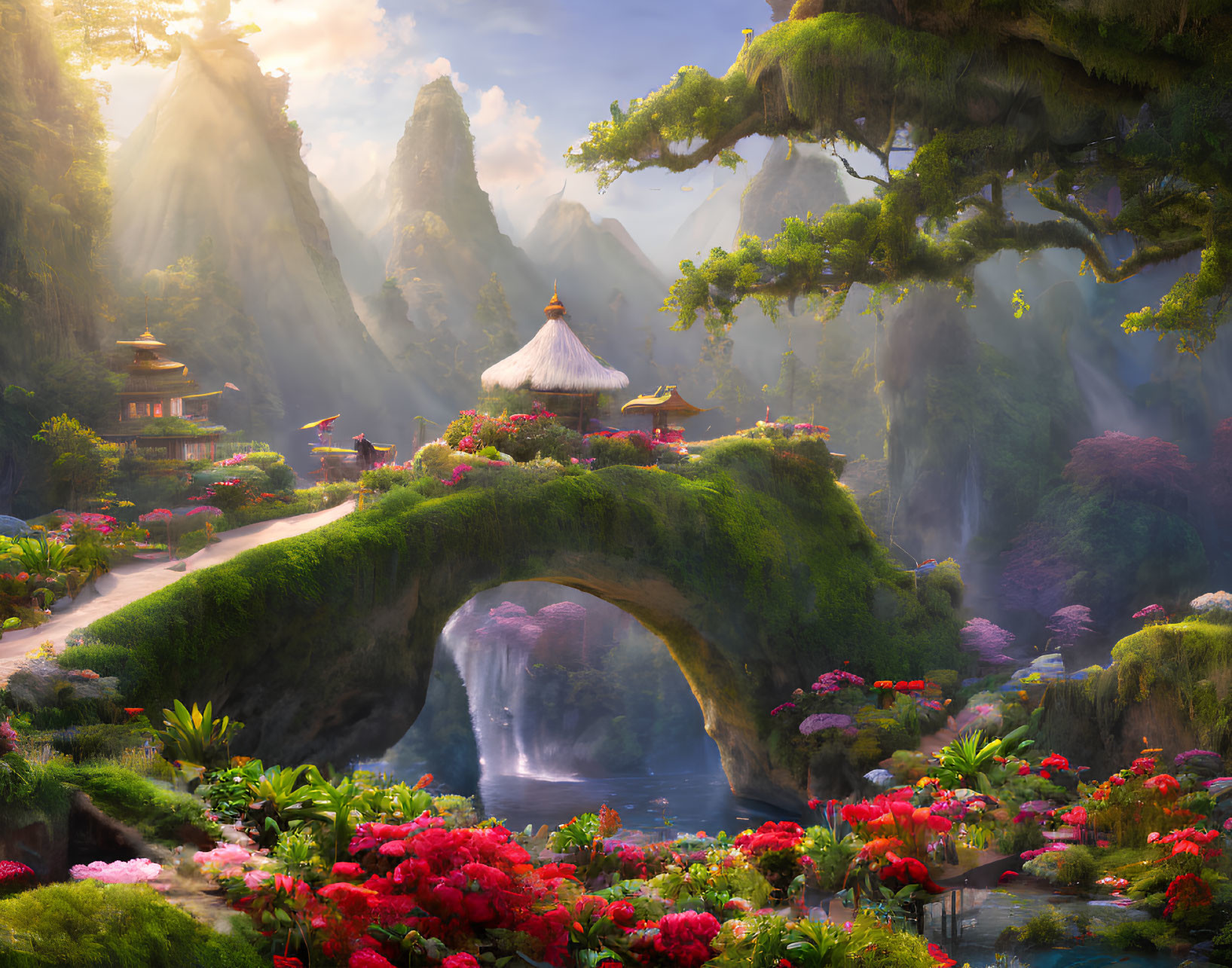 Tranquil fantasy landscape with pagodas, lush greenery, waterfall, and misty mountains