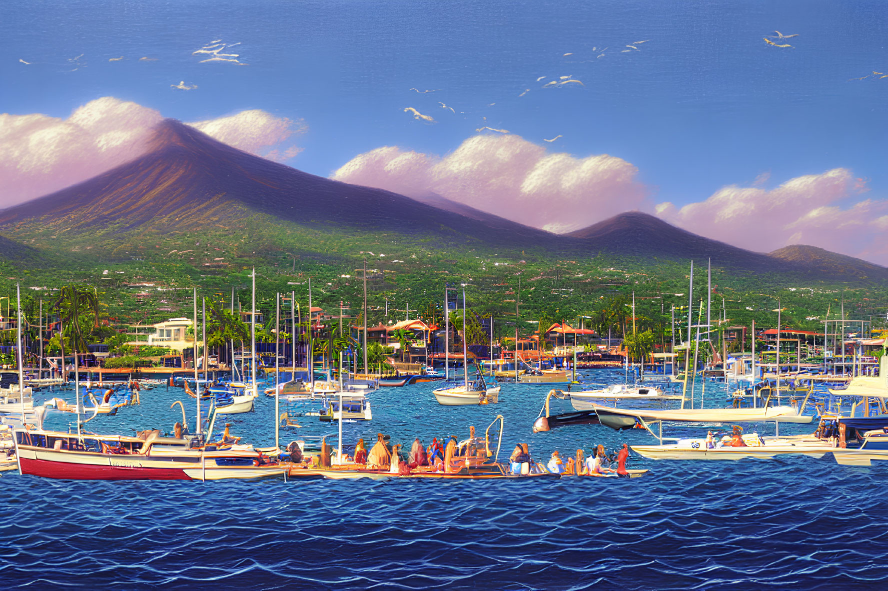 Marina with boats, town, volcanoes, birds in clear sky