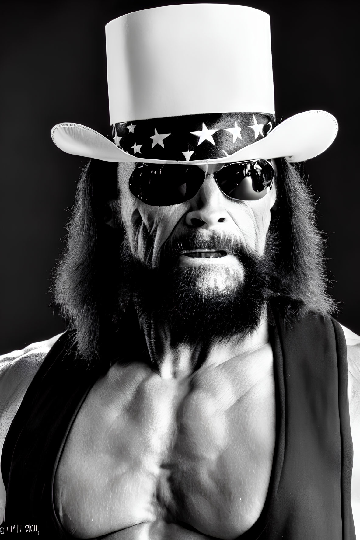 Monochrome photo of muscular person with long beard, tall hat, and sunglasses