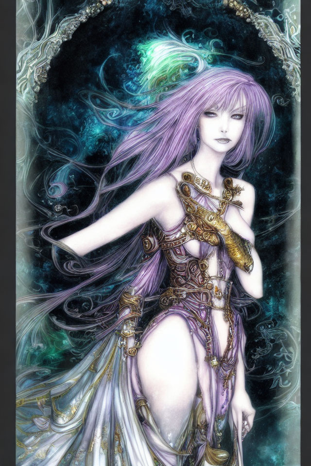 Ethereal figure in purple hair and golden armor against cosmic backdrop