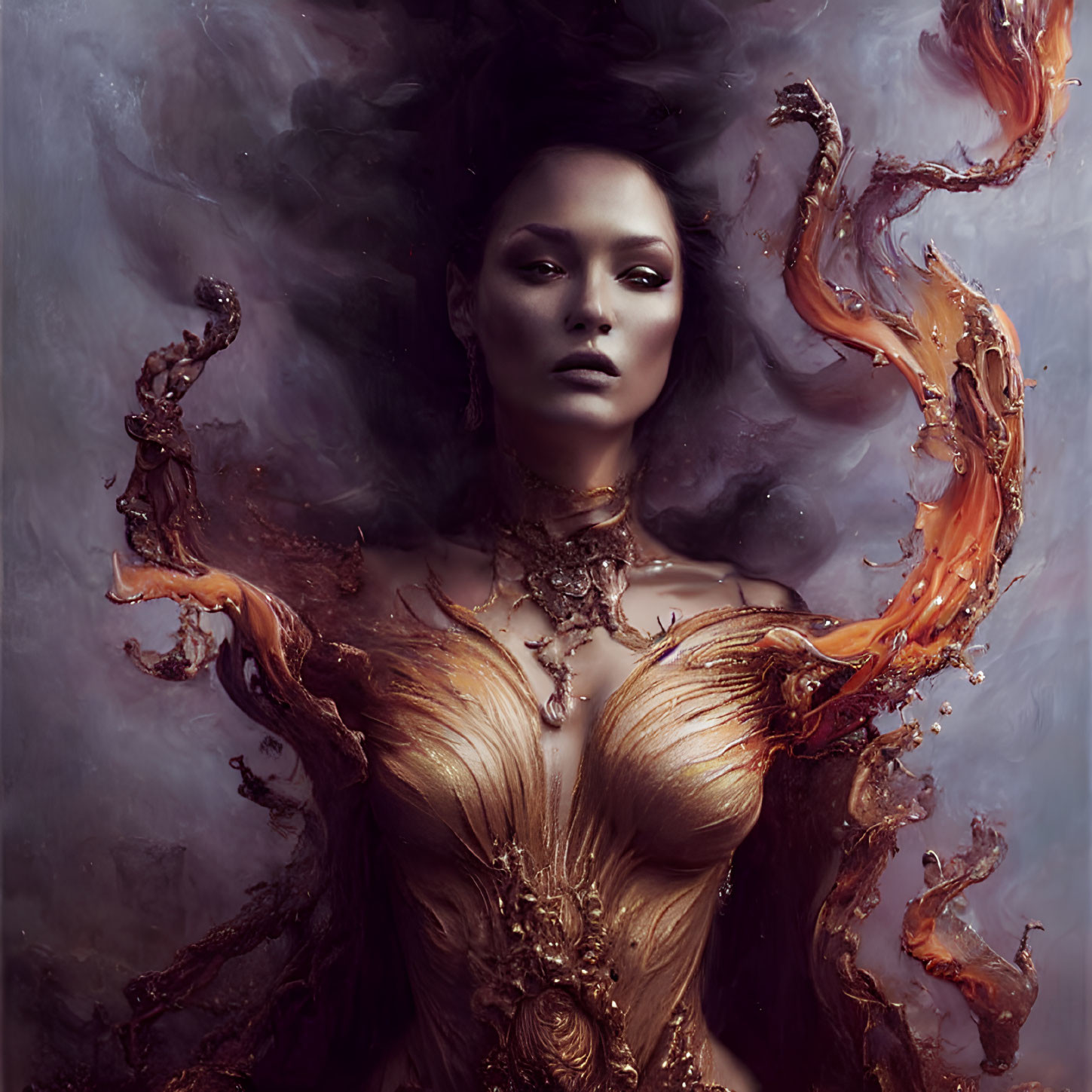 Elegant woman in melting golden gown against smoky backdrop