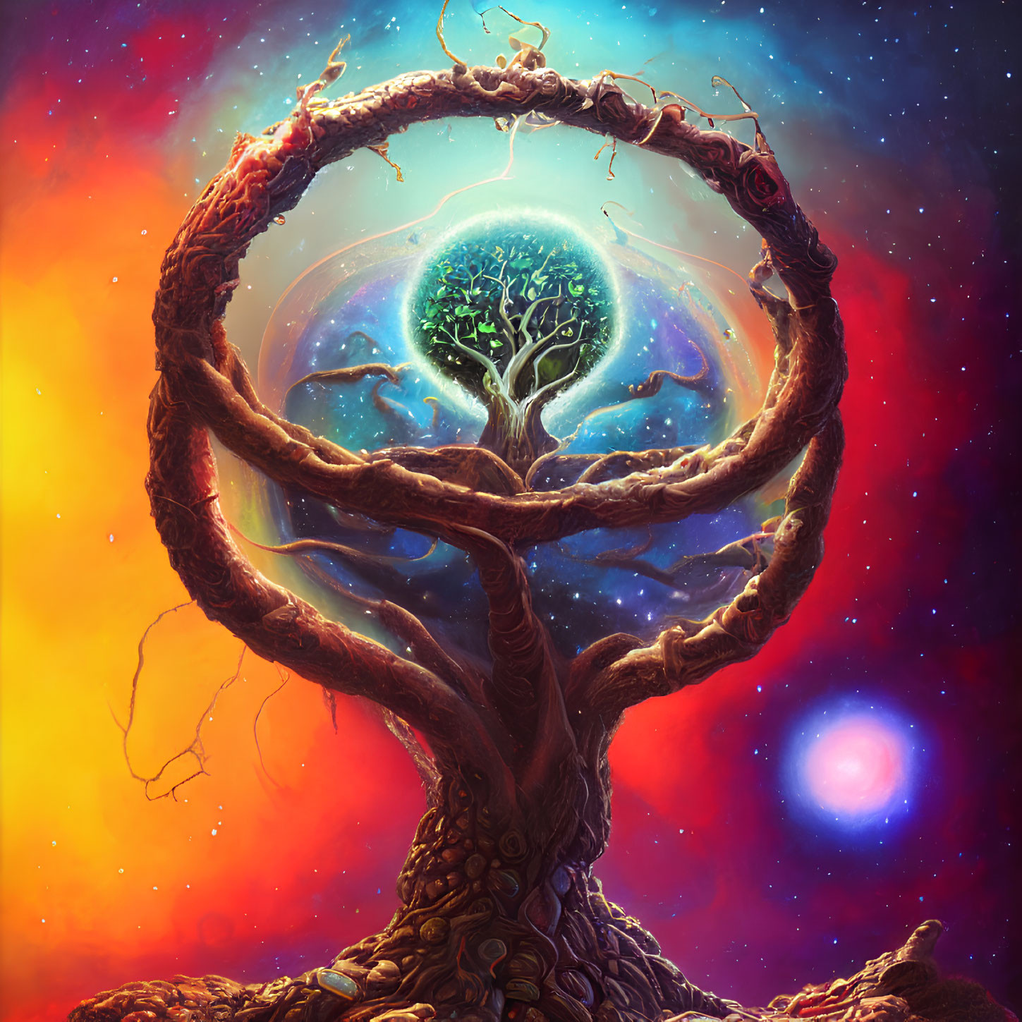 Mystical tree with cosmic backdrop and radiant star-filled circle