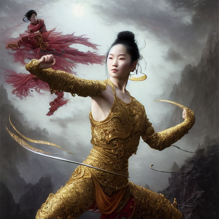 Woman in golden martial arts attire poses against mystical mountain backdrop