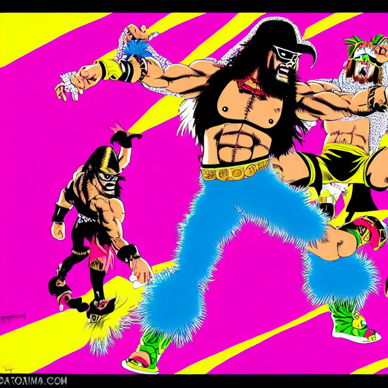 Colorful illustration of two wrestlers in vibrant costumes on bright background