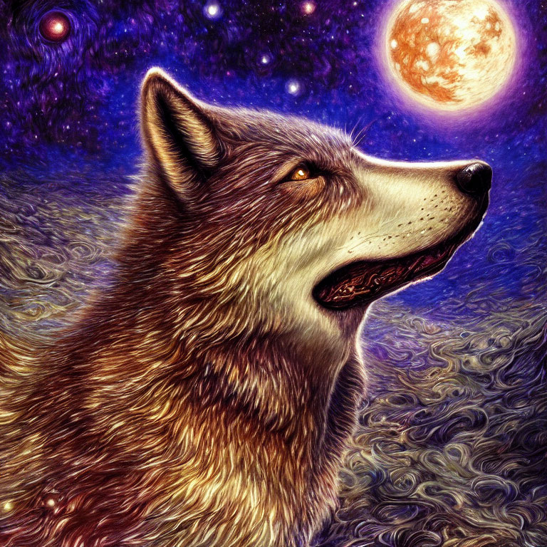 Detailed illustration of majestic wolf under luminous full moon