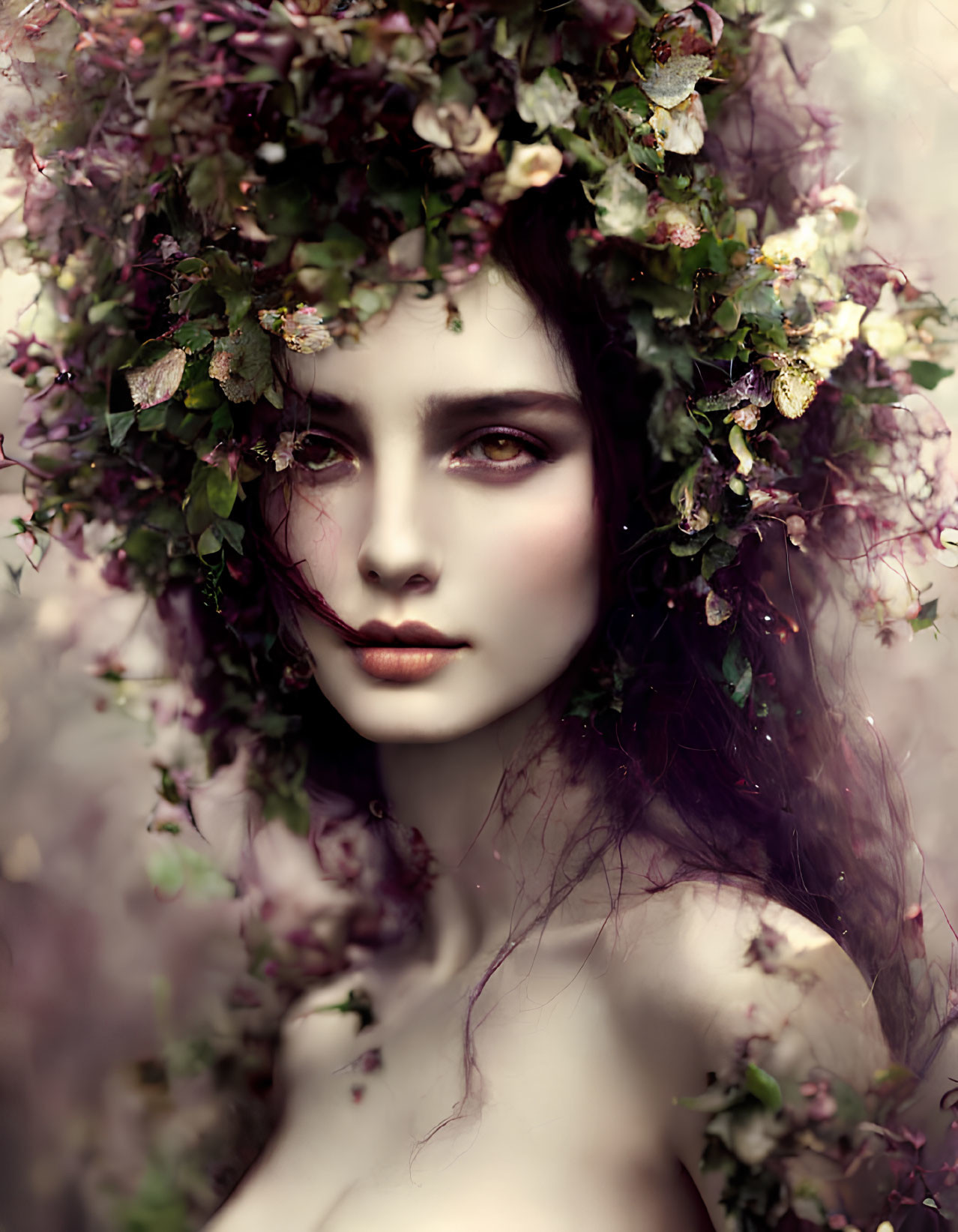 Portrait of woman with green and purple flower crown and dramatic makeup