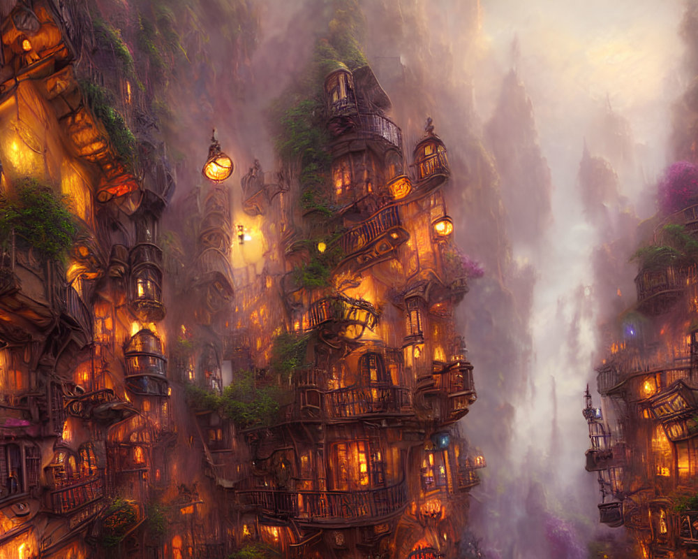 Enchanted cityscape with towering structures in mystical sunlight